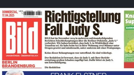 Rekordentschädigung für Berliner Polizistin: „Bild“ bittet Judy S. um Entschuldigung und druckt große Richtigstellung